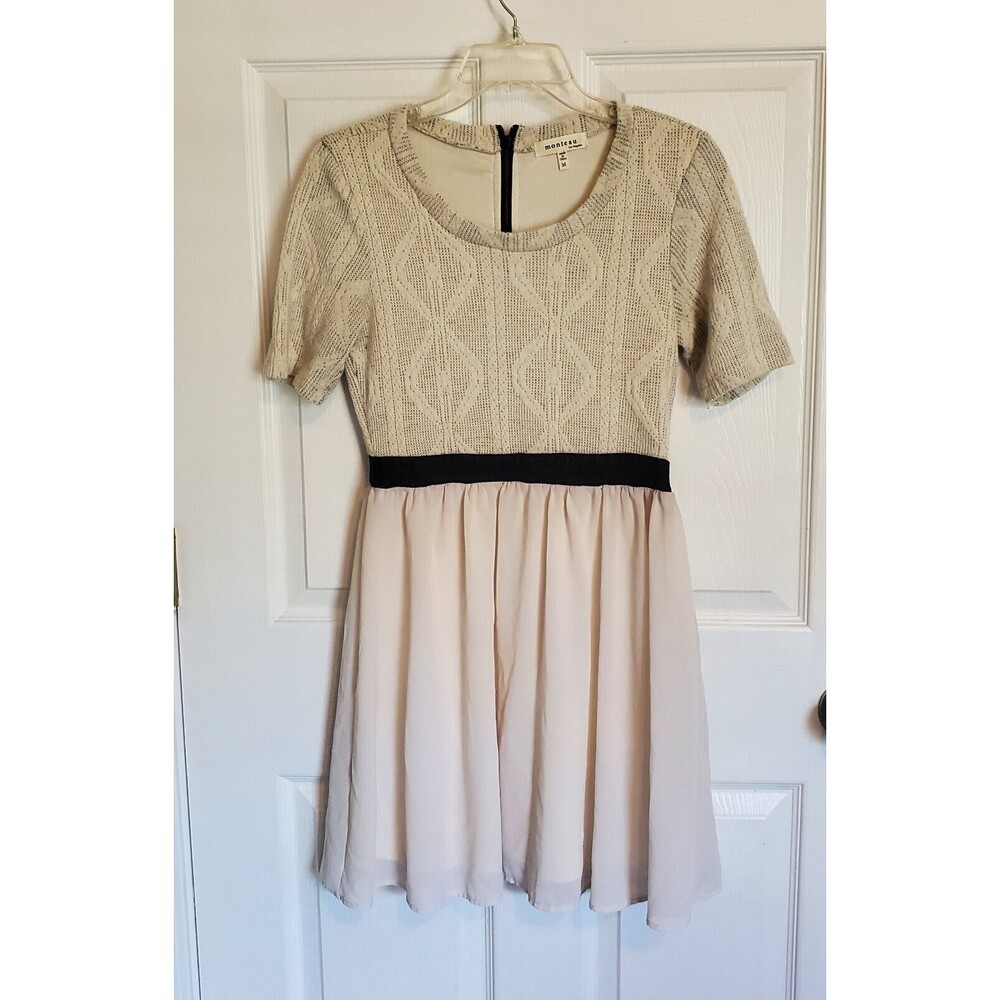 Monteau Sweater Dress Top With  Lined Flowy Skirt Cream M Contrast Zip And Waist